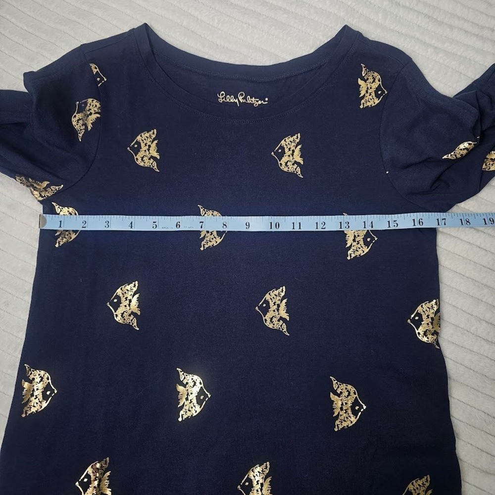 Lilly Pulitzer S Navy Blue Gold Foil Fish Pima Cotton Dress Nautical Coastal - Picture 4 of 7